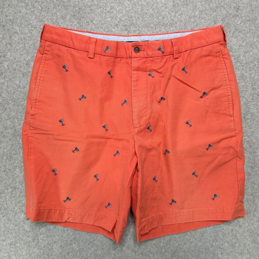 Brooks Brothers Mens 36‎ Coral Orange Martini Glass Embroidered Chino Shorts